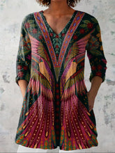 Summer Tropical Bird Symmetrical Pattern Printed Women's Casual Linen V-Neck Shirt